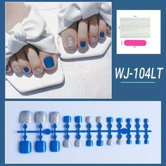 Nails 24 Blue & Silver Glitter Press On Toenails Short Style Kit Fake Glossy - Picture 2 of 4